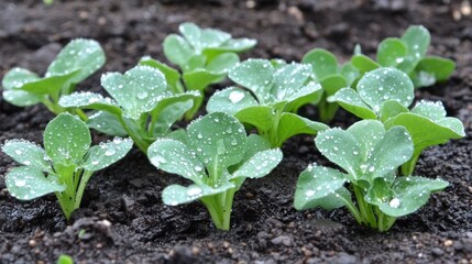 Obraz premium Young plants glisten with dew in rich garden soil