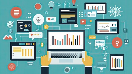 Hands on laptop, data visualization, interconnected devices