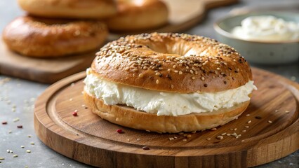 Delicious Bagel with Cream Cheese on Wooden Board.