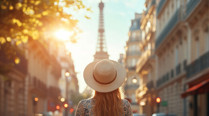 woman wearing straw hat stands on Parisian street, gazing at Eiffel Tower during sunset, surrounded by warm light and charming architecture