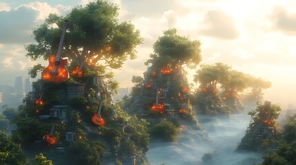 Guitar-shaped hills sunrise fantasy landscape