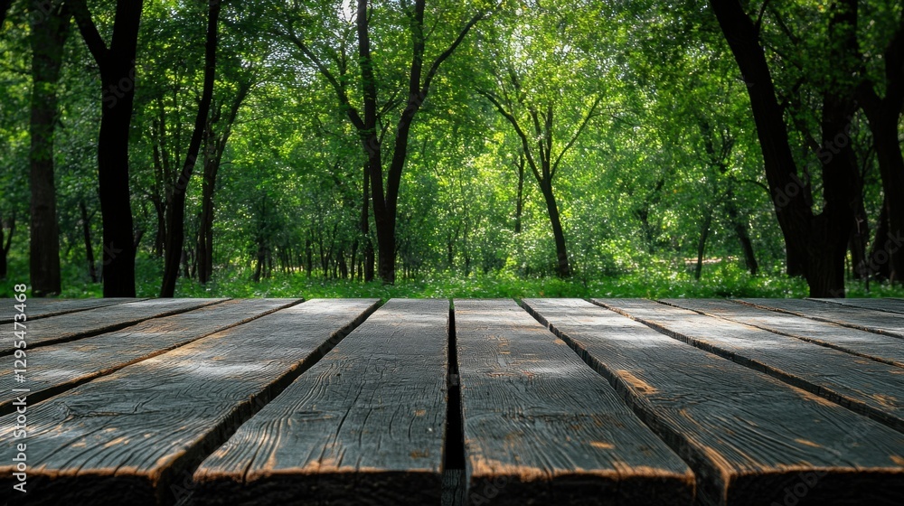 Poster serene forest backdrop with rustic wooden planks inviting nature connection and tranquil atmosphere 