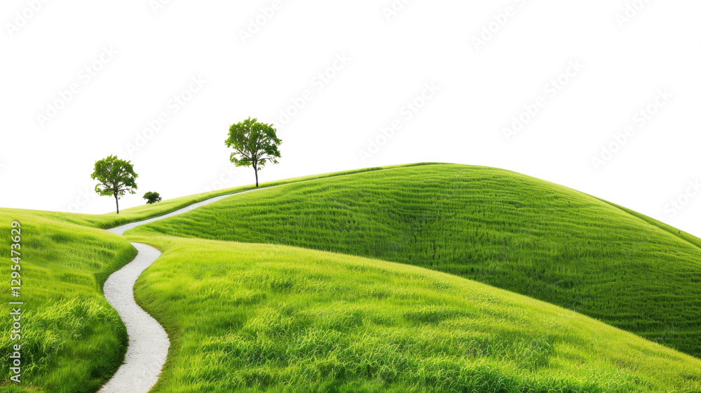 Poster winding path through rolling green hills on transparent background