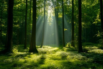 Fototapeta premium Sunbeams illuminating lush green forest floor in springtime