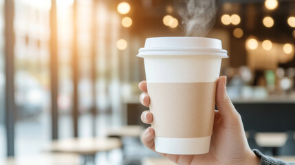 steaming coffee cup held in hand, with cozy cafe background. warm light creates welcoming atmosphere, perfect for enjoying hot beverage