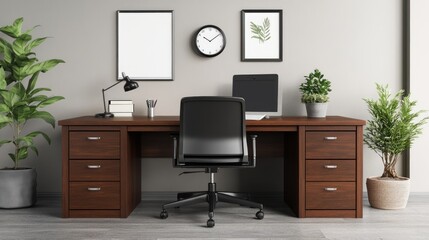 Elegant home office setup with plants and modern decor