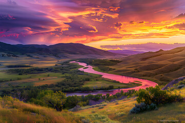 Serene Sunset Over Rolling Hills and Meandering River Reflects Natural Beauty