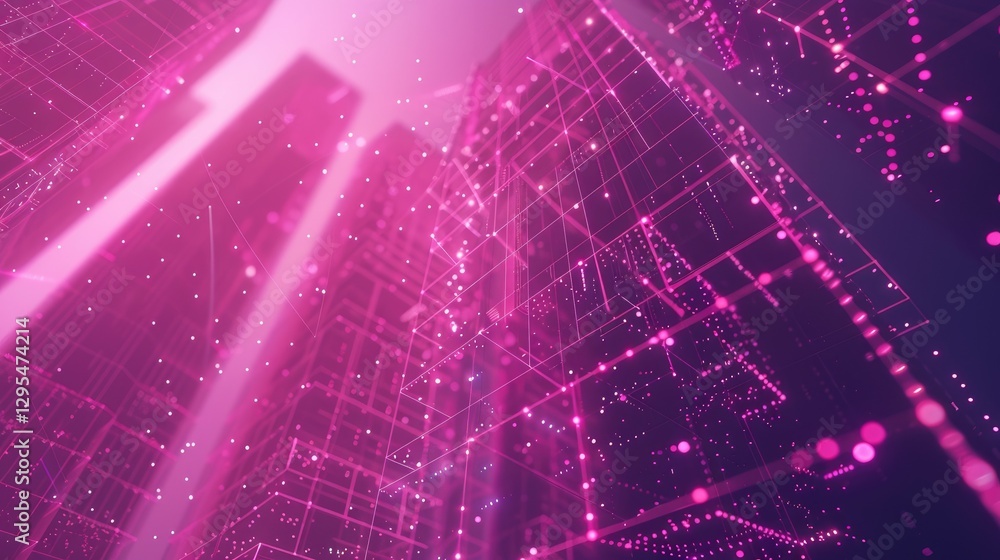 Poster vibrant digital abstraction showcasing a virtual space filled with moving dots and pixels, illustrat