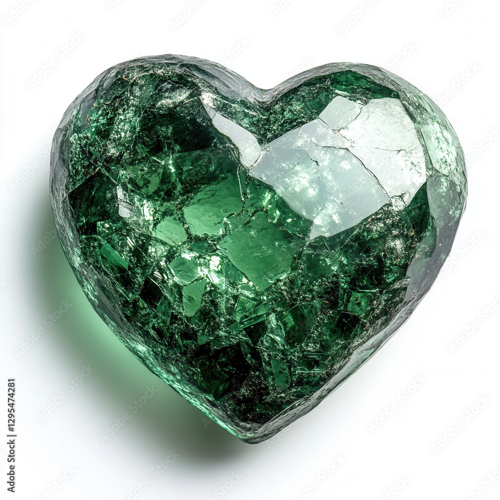 Poster emerald heart gemstone close up on white background capturing facets and light creating a sense of l
