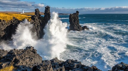 Ocean waves crash against rugged black cliffs of Arnarstapi Iceland