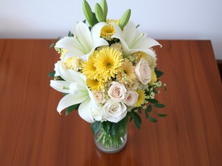 Elegant Arrangement of Colorful Fresh Flowers in a Decorative Vase on a Wooden Table Creating Warmth