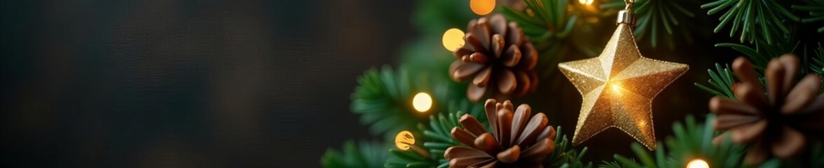 Obraz premium Gold star ornament sparkles on a Christmas wreath, adorned with pine cones , tree, glittering, festive