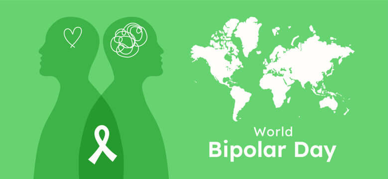 World Bipolar Day banner template with typography. Human profile with depression and like elements. Person and Earth map Silhouette. Sad and happy feeling design. March 30 background green color.