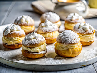 Tasty Fluffy Cream Puffs with Vanilla Cream and Powdered Sugar. Delicious Food background