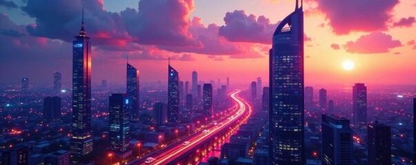 Fototapeta premium Futuristic cityscape at dusk with skyscrapers and neon lights, futuristic, technology, neon