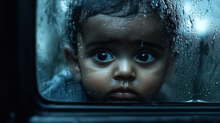 Portrait of a curious child gazing through a rain-soaked window creating a captivating and emotional connection with viewers