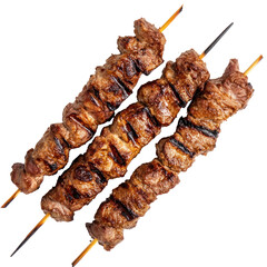 grilled meat skewers isolated on white or transparent background