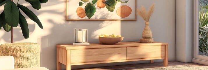 Simple and Cozy Living Room with Light Wood Console and Decorative Art