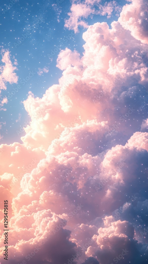 Poster ethereal pink clouds float in a serene blue sky with a dreamy atmosphere and sparkling stars adding 