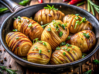 Delicious baked potatoes with herbs. Tasty food background