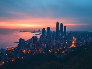 Fototapeta premium City skyline at sunrise over ocean