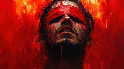 Blood Red Blindfold A Man's Face in an Inferno of Paint
