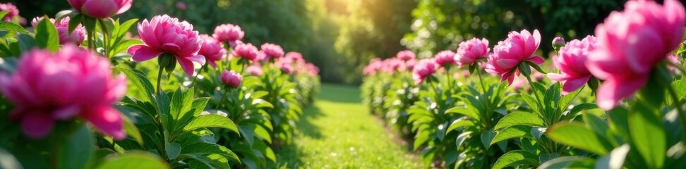 Garden path lined with peony flowers , flowers, garden path, outdoor