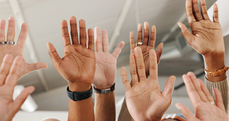 Business people, group and hands raised for question in closeup with training, development and...