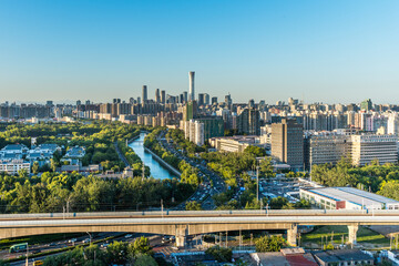 The scenery of Beijing, China: rivers, viaducts and the urban skyline