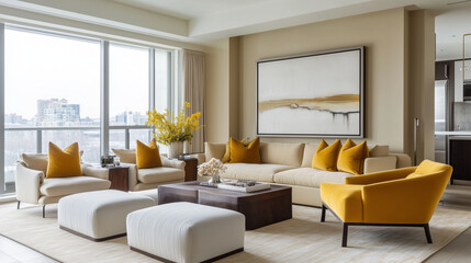 Fototapeta premium 洗練されたミニマルリビングの美学、シンプル＆エレガント：心地よい空間デザイン、自然と調和するインテリアスタイル、モダンミニマリズムの極み、静けさと温もりを感じるリビング、ナチュラル＆オーガニックな暮らし、落ち着いた色彩と心地よい家具の調和、ラグジュアリー×シンプルな洗練空間、快適な空間を演出するインテリア、温かみのあるミニマルデザイン