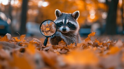 Curious Raccoon Exploring Autumn Leaves with Magnifying Glass