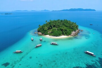 Tropical Island Paradise: Crystal Clear Turquoise Water & Boats in Southeast Asia, Perfect Holiday Destination
