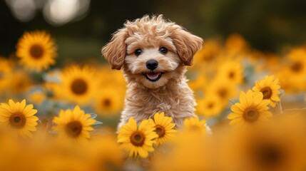 Adorable Fluffy Puppy in a Sunflower Field