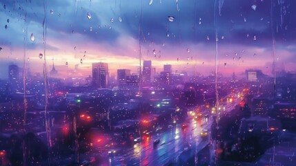 Obraz premium Raindrops streak across a window overlooking a vibrant city skyline