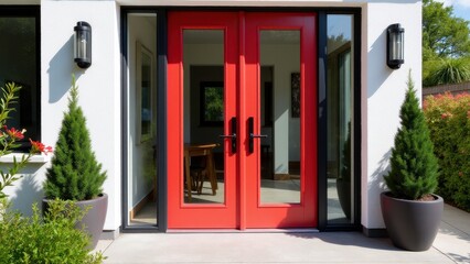 Fototapeta premium Modern double front doors with red frames, flanked by potted plants and wall-mounted lights, leading into a bright interior.