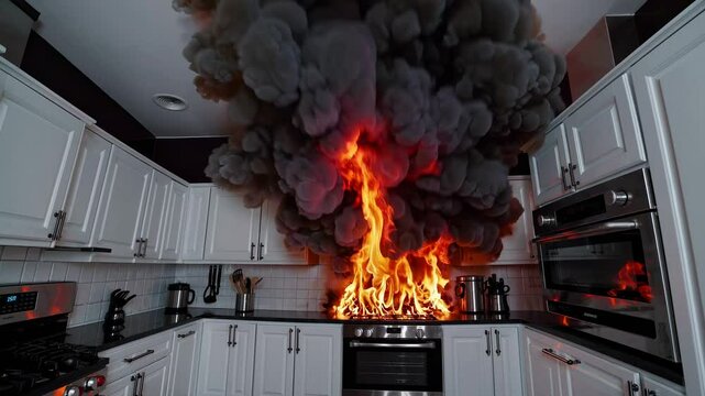 Dramatic video scene of a kitchen fire with thick smoke, captured from a wide-angle, eye-level perspective, emphasizing chaos and urgency.