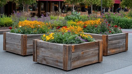 Outdoor planter boxes with colorful flowers in urban plaza