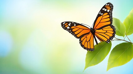 Fototapeta premium Monarch butterfly resting on green leaves, spring garden background, nature, website banner