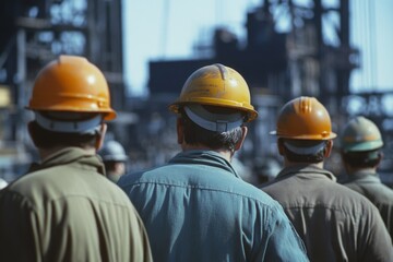 back view of workers in factory, wearing workwear and hard hats