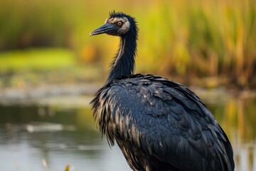 Majestic black heron standing tall in tranquil wetland environment