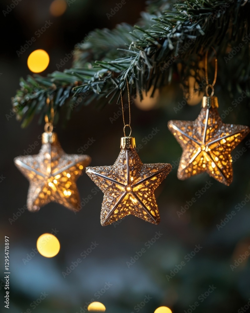 Poster festive christmas tree adorned with glittering star ornaments creating a warm and inviting holiday a
