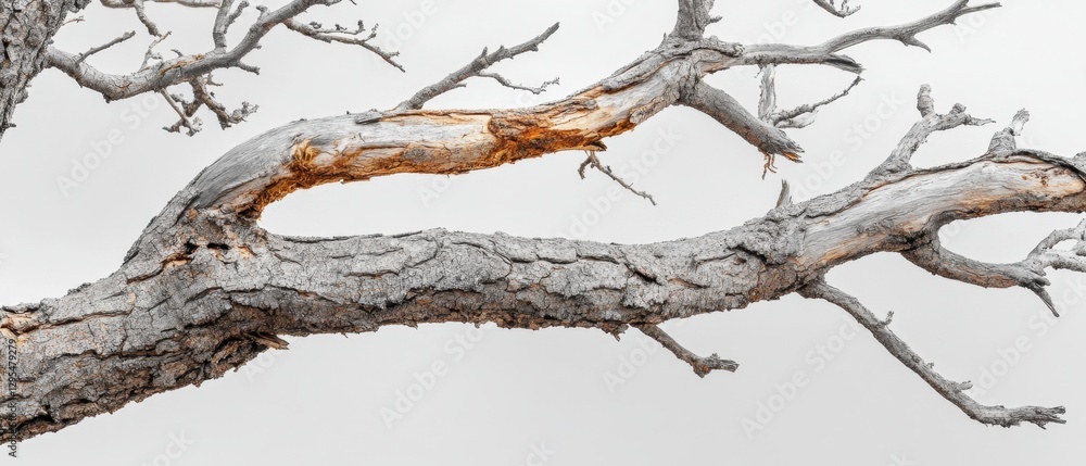 Poster abstract nature study of weathered tree branch against bright white background showcasing intricate 