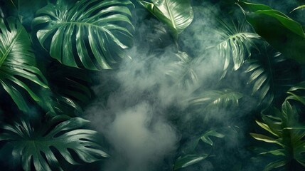 Lush tropical foliage is engulfed in ethereal white mist