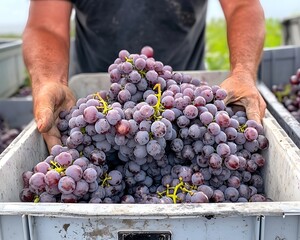 A farmer is holding a crate full of dark grapes