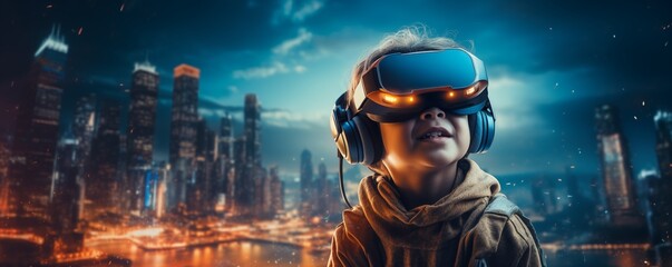 Kid Experiencing Virtual Reality with Futuristic Skyline Behind. Generative ai