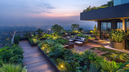 Fototapeta premium A tranquil rooftop garden nestled atop a high-rise building, overflowing with lush plants, wooden pathways, and comfortable seating areas