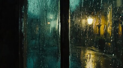 Raindrops obscure a nighttime cityscape through a window pane