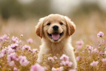 Golden retriever puppy smiling in a field of flowers