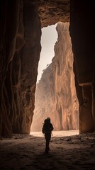 Person Hiking Through a Dark Canyon with Bright Light at the End