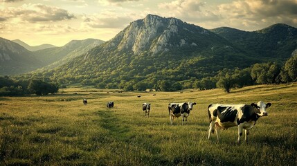 Breathtaking countryside landscape with grazing cows and rolling hills bathed in soft golden light